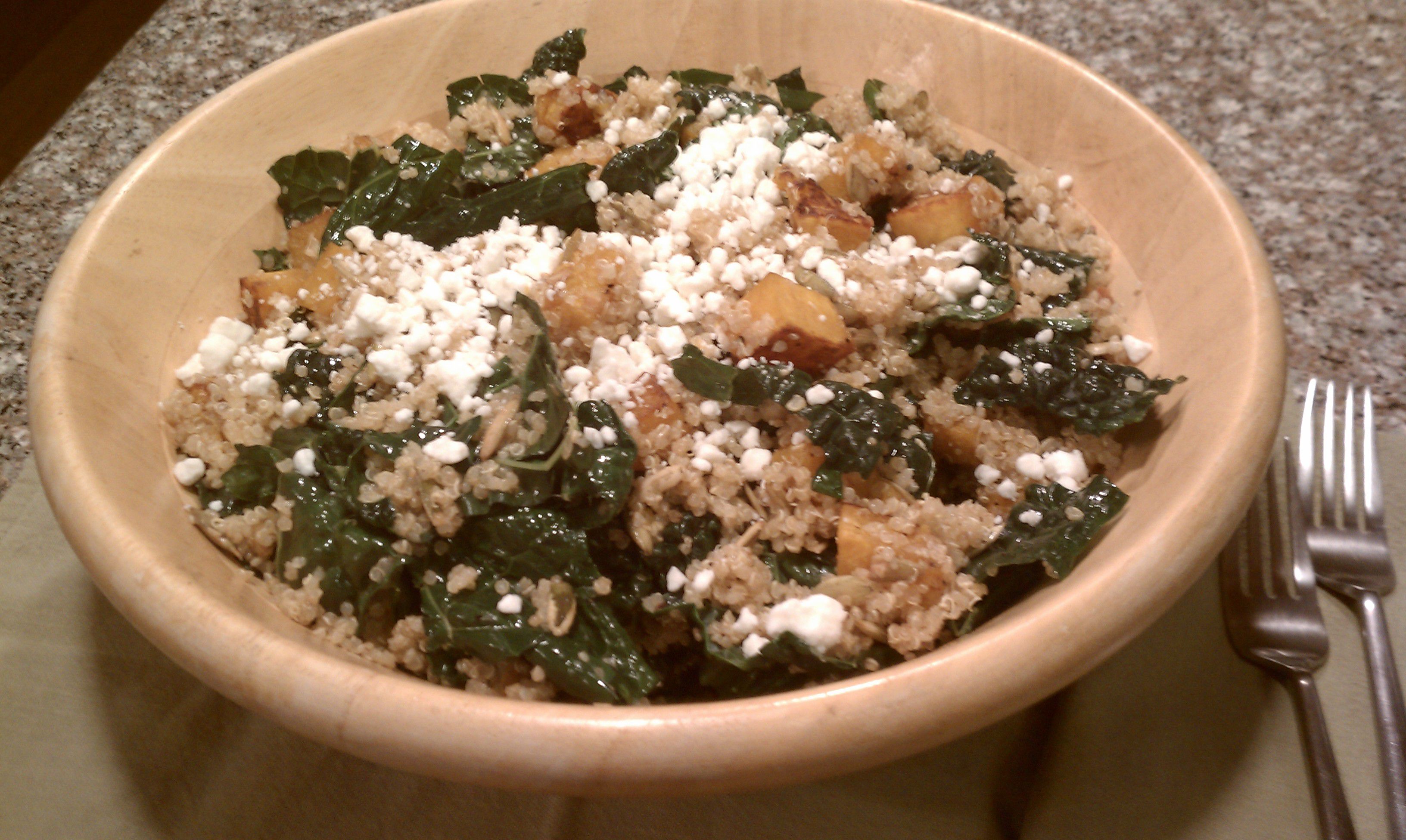 Warm Roasted Butternut Squash, Quinoa and Kale Salad + Crumbled Goat Cheese