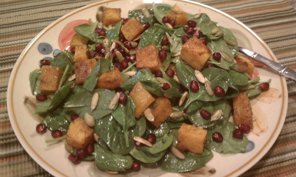 Spinach Salad with Pomegranate, Butternut Squash and Roasted Pepitas